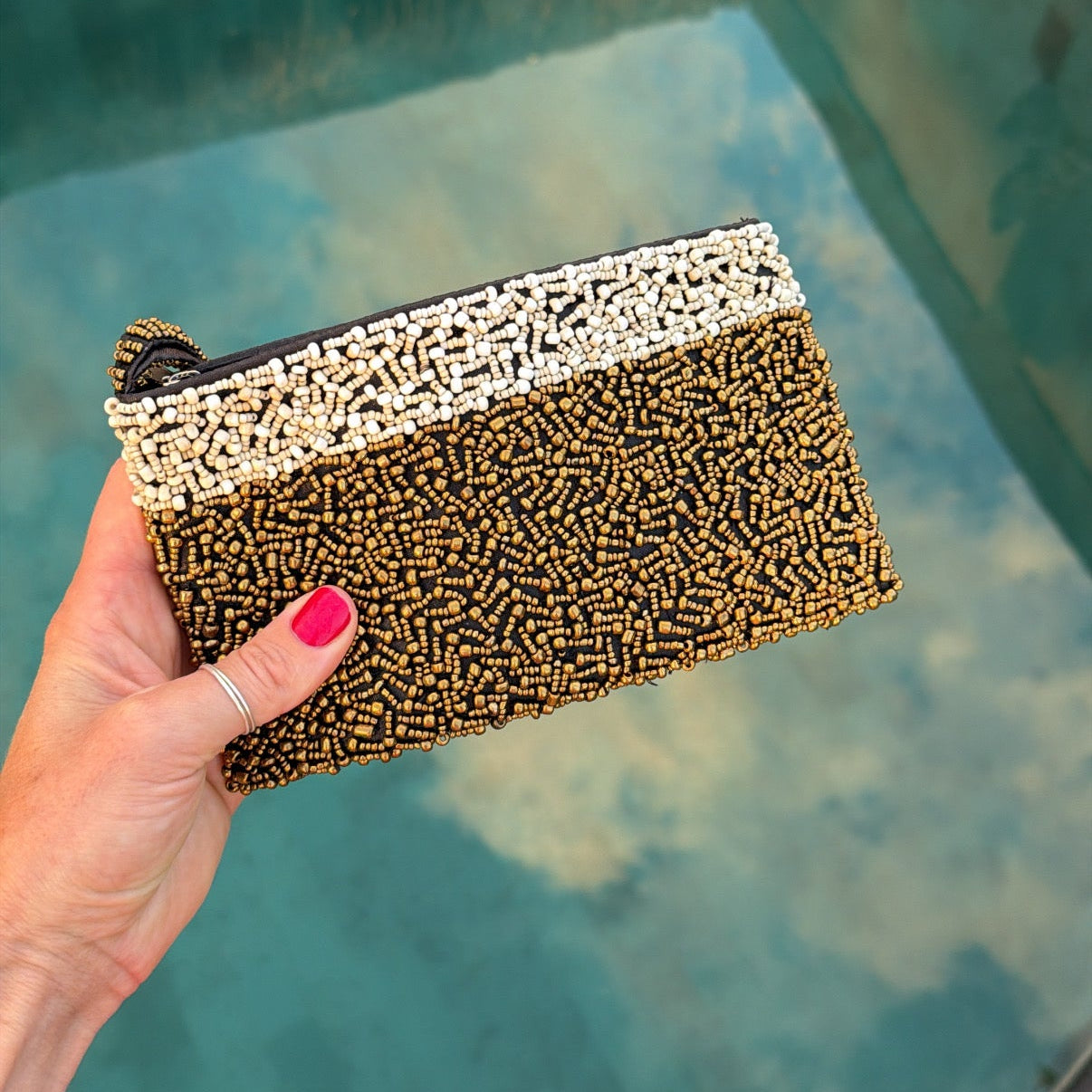 Hand beaded Balinese Clutch - Cream & Bronze