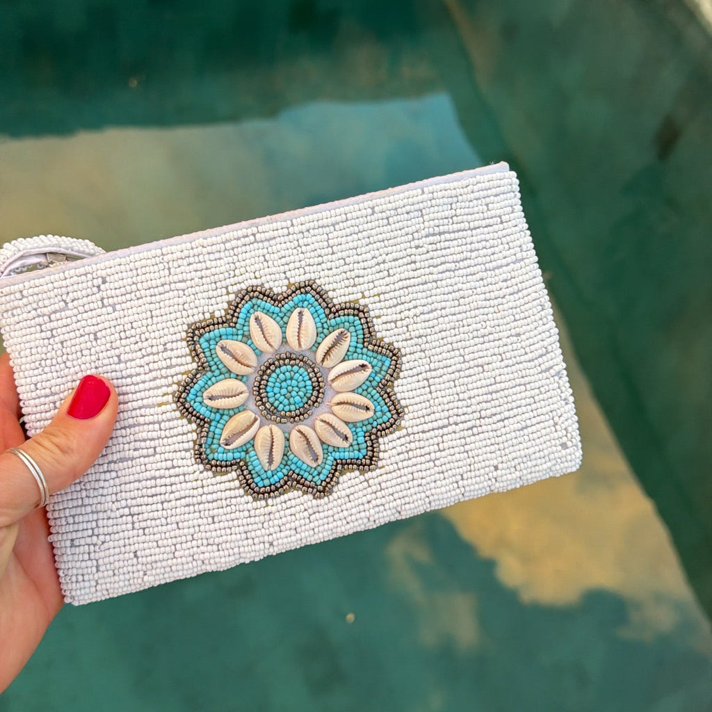Hand beaded Balinese Clutch - White