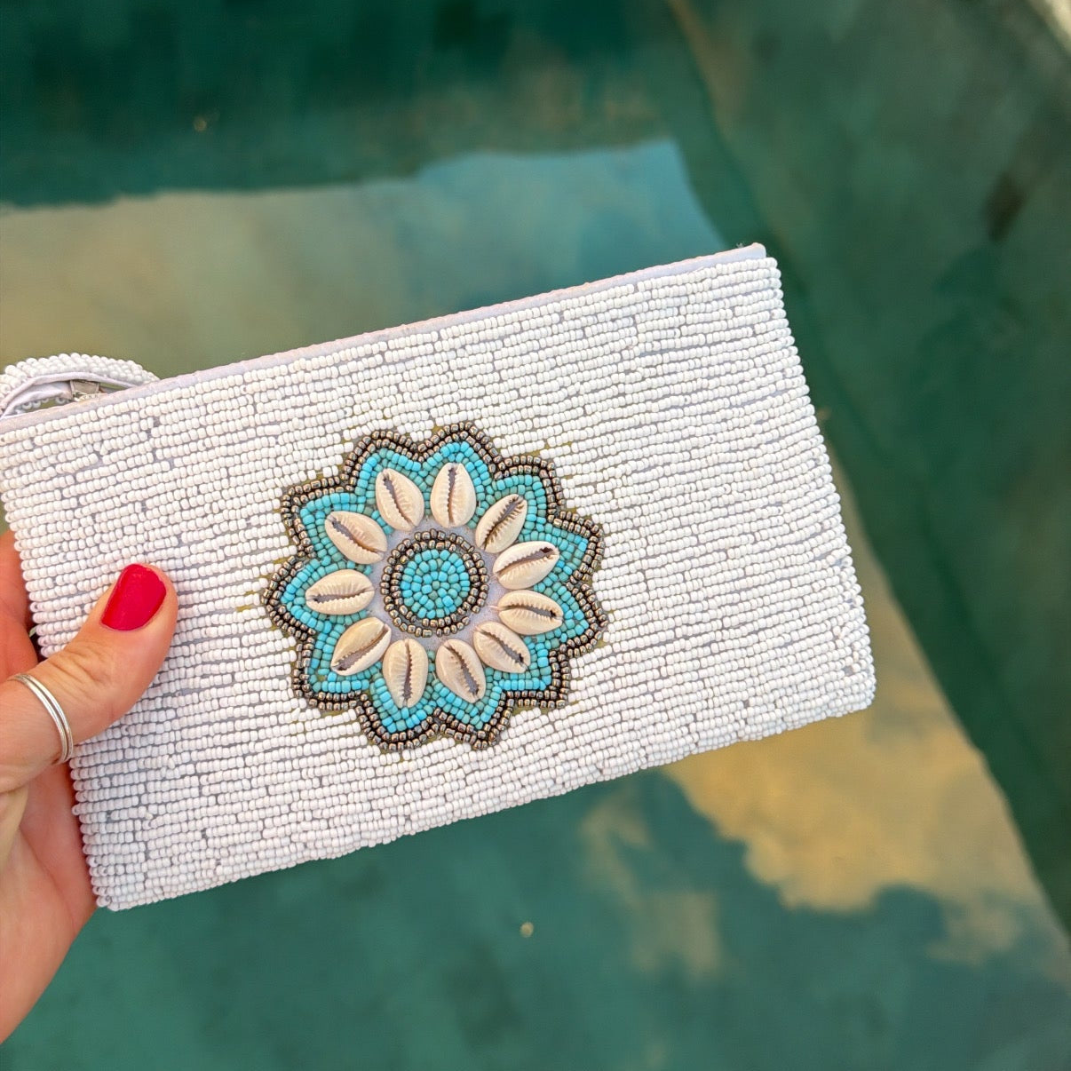 Hand beaded Balinese Clutch - White